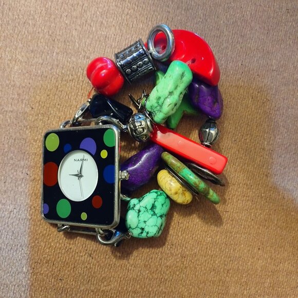 Handmade Narmi Square Polka Dot Watch With Colorful Beaded Stretch Bracelet - Picture 1 of 8